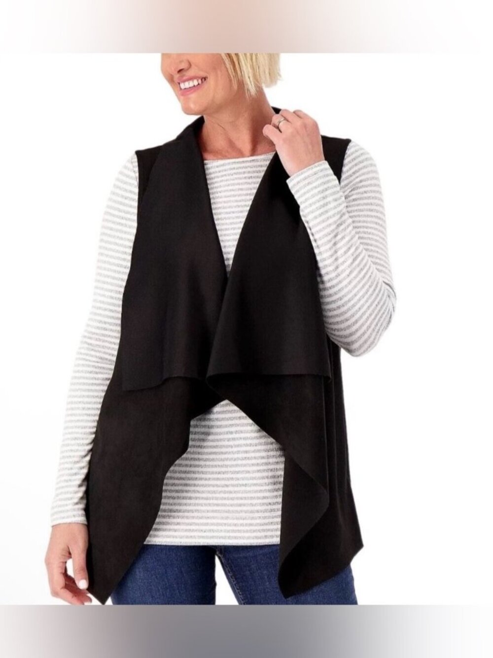 Attitudes by Renee Faux Suede and Luxe Ponte Draped Open-Front Vest